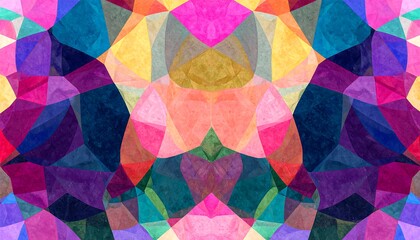A vibrant, multicolored design, composed of overlapping polygons, showcasing a dynamic blend of colors and textures.