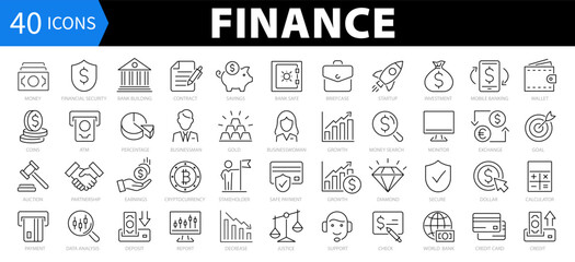 Finance, Money thin line icons set. Editable stroke. Business and financial symbols and signs of bank, gold, cryptocurrency, dollar, handshake, credit, coin. Vector signs