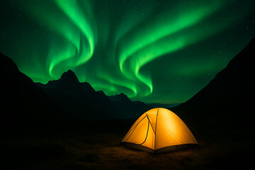 Experience the breathtaking wonder of a vibrant aurora borealis illuminating a serene mountain landscape above a cozy, illuminated camping tent under a starry night sky