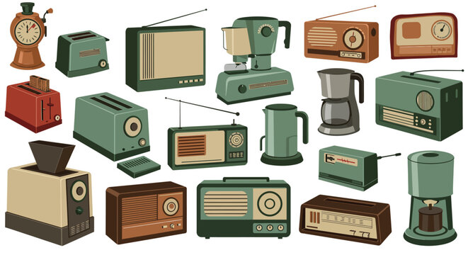 Retro kitchen and radio appliances collection in vintage style