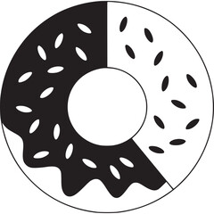Vector art of a black and white illustration of a donut with sprinkles, split in half, isolated on a