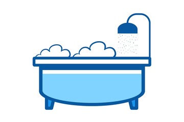 Color illustration of bathtub with soap foam on white background. 