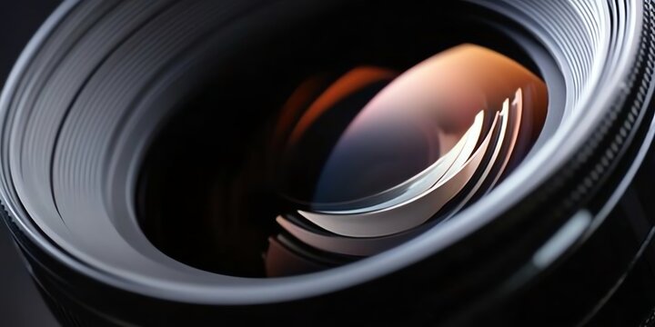 Close-up of a professional camera lens reflecting light, capturing the essence of photography and precision equipment.