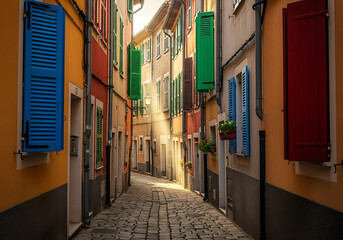 Sunlit european cobblestone alleyway with colorful shutters and hanging decorations