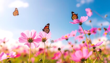 A vibrant field of pink cosmos flowers, with monarch butterflies flitting amongst them, bathed in sunlight against a clear blue sky.