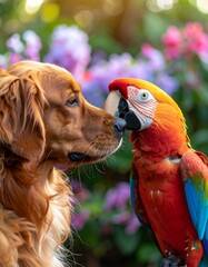 Dog and parrot close up in garden