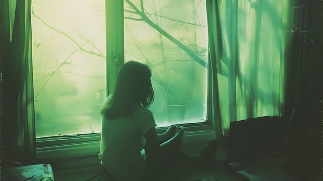 A camera with light leaks, green gum bichromate print, Generative AI illustrations.