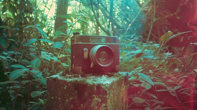 A camera with light leaks, green gum bichromate print, Generative AI illustrations.
