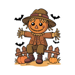 Scarecrow Halloween Cartoon with Pumpkins and Bats Vector Illustration