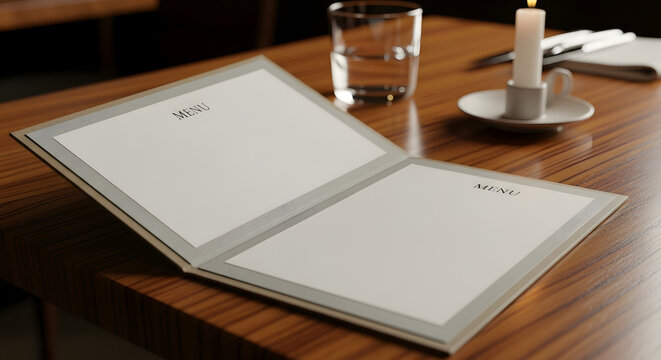 Elegant Restaurant Menu on Wooden Table with Candlelight and Water Glass