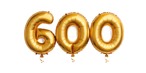 Golden balloons forming the number six hundred isolated on transparent background