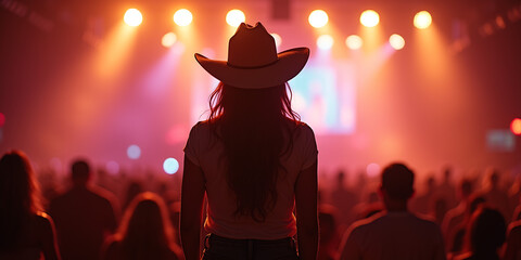 Back view of a young american woman fan of country music attending a country music concert wearing a cowboy hat and copy space