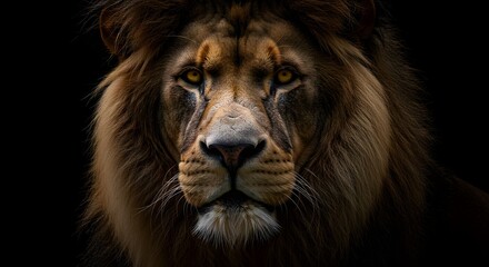 Fototapeta premium Majestic close-up portrait of a male lion with intense amber eyes and a full mane against a dark background, showcasing the regal and powerful essence of the king of the jungle in striking detail.