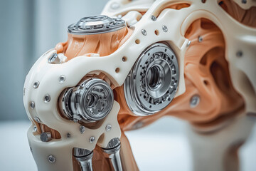 Detailed close-up of a robotic arm featuring complex mechanical parts and smooth surfaces, emphasizing the innovative design and engineering behind modern robotics technology