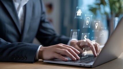 Digital Interface: A suited individual intensely engages with a modern laptop, the interface showcasing virtual icons representing home, safety, and financial transactions.
