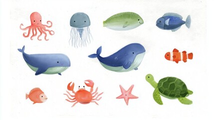 Naklejka premium hand drawn colorful illustration set of detailed sea animals
