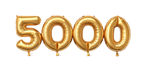 Golden number 5000 balloons isolated on transparent background