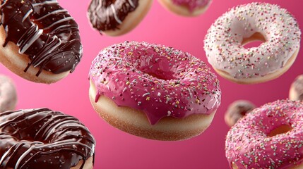 floating donuts with sprinkles chocolate drizzle and pink background