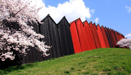 Colorful wooden buildings with cherry blossoms