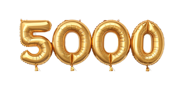 Golden number 5000 balloons isolated on transparent background