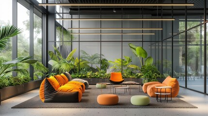 Sharp Rendered Office Interior With Relaxed Seating And Indoor Plants
