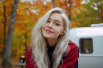 Blonde young caucasian female enjoying autumn camping in colorful forest
