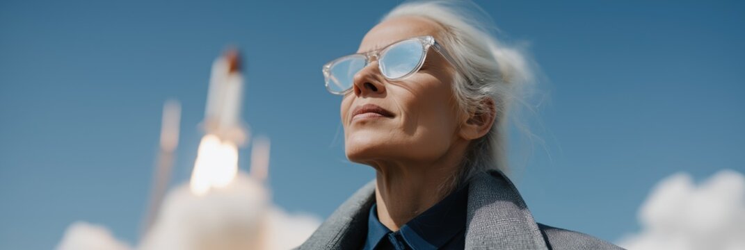 Mature caucasian female observes rocket launch with reflected glasses
