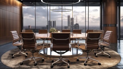 Panoramic Corporate Boardroom Featuring Leather Chairs and Modern Design