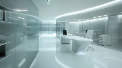 Minimal Futuristic Workspace with Sleek White Desks and Glass Dividers