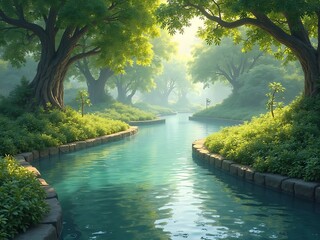 Obraz premium Serene forest stream with lush green foliage and dappled sunlight filtering through the trees isolated on white background