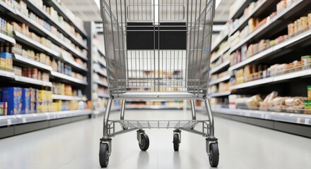Photorealistic view of an empty shopping cart in the middle of a supermarket aisle, metal textures and wheels highlighted, blurred shelves in bright commercial lighting.