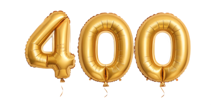 Golden number 400 balloons isolated on transparent background