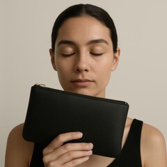 Young asian female with closed eyes holding black leather clutch