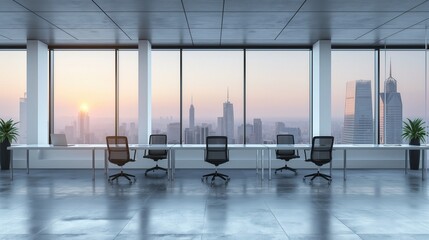 Minimalist Open Office Design Featuring Long Workstations And Mesh Chairs In Daylight
