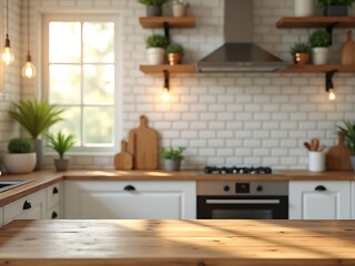 Warm and inviting modern kitchen with wooden countertop and subway tile backsplash isolated on white background