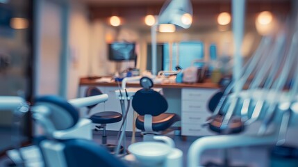 Blurred dental clinic background, Defocused interior of modern dental office,  Beautiful dental cabine, Generative AI illustrations.
