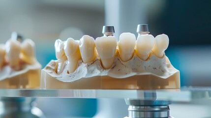 Close up Implan model tooth support fix bridge implan and crown, Generative AI illustrations.