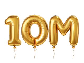 Golden 10 million balloons isolated on transparent background