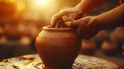 Close-up of a potter's hands skillfully shaping a wet clay pot on a wheel with warm, golden light.