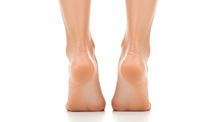 Close-up of Female Bare Feet with Smooth Healthy Heels on White Background, Foot Care and Skin Health Concept
