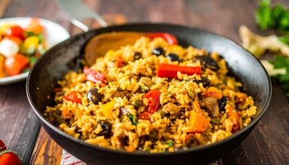 Vibrant paella dish with colorful vegetables and olives, served in a dark skillet, showcasing a delicious meal.
