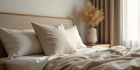 Modern house interior details. Simple cozy beige bedroom interior with bed headboard, linen bedding, bedside table and natural decorations, closeup