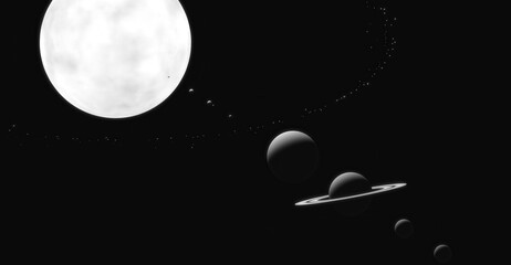 An artistic monochrome view of Saturn, with its rings and surrounding planets, set against a backdrop of the universe