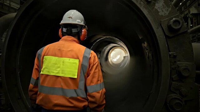 Industrial worker inspecting large cylindrical machinery equipment in manufacturing facility. Technician examining mechanical systems during maintenance operation in factory environment