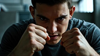 Young man in fighting stance with clenched fists showing intense focused expression. Athletic boxer displaying aggressive combat training posture with determined look