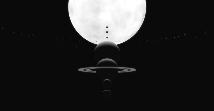 An artistic representation of the solar system in monochromatic form with the moon and planets elegantly aligned in space