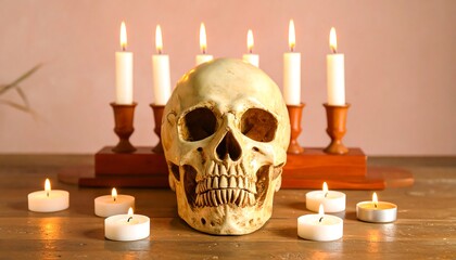 A still life composition featuring a skull and candles, evoking a sense of mystery and quiet contemplation.
