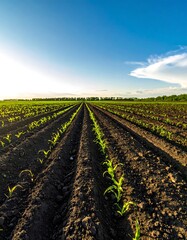 Cornfield rows under a clear sky