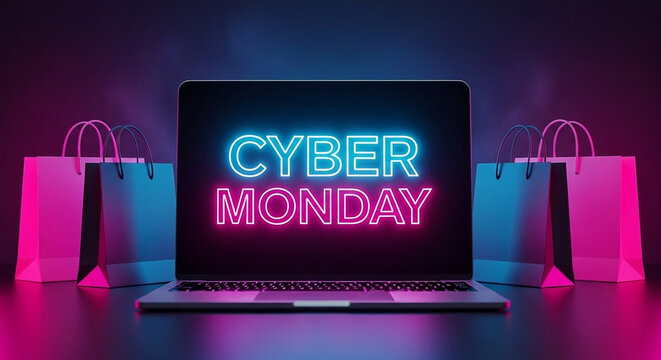 Modern laptop displaying bright neon cyber monday text surrounded by shopping bags illuminated by vibrant blue and pink lights - Powered by Adobe