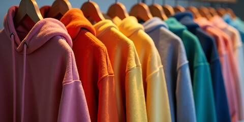 Row of different colorful youth cashmere sweaters and hoodies, sweatshirts and on a clothes rack. Mock up advertising merch.